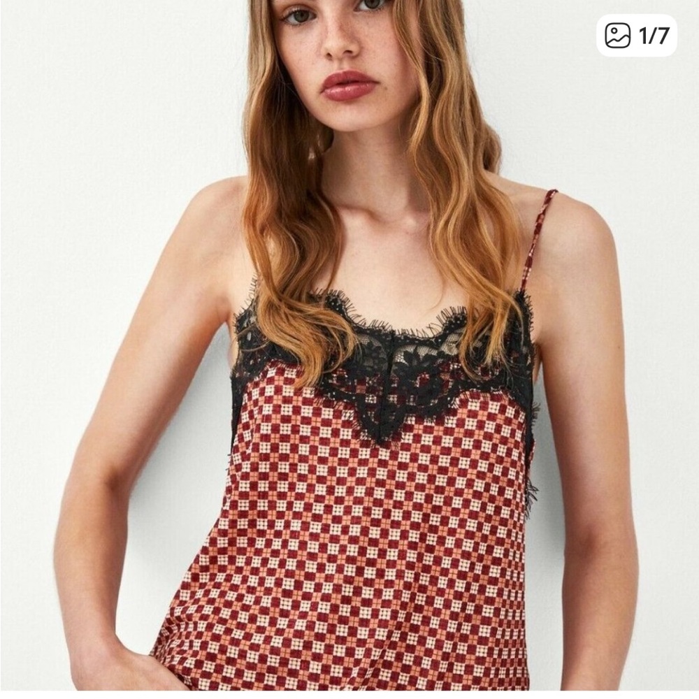 Zara orange/red Checkered black Lace Trim Camisole never worn